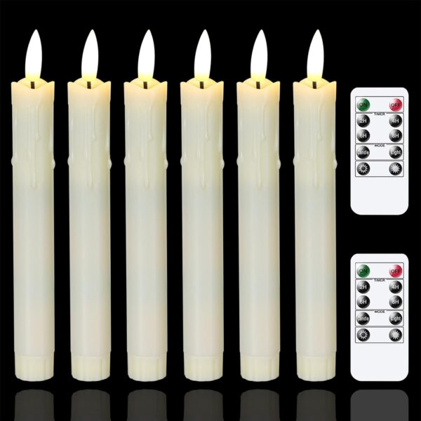 Flameless Flickering Taper Candles Two Remote, 7.5 Inch Ivory Battery Operated LED Window Candles Timer,Set of 6 Plastic 3D-Wick Dripping-Wax Effect Flameless Candlesticks(0.86”Dia,Warm Fire)