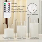Clear Glass Flameless Candles, Pure White Wax Battery Operated Candles, LED Pillar Candles with Remote Control and Timers, D3 H4 5" 6", Set of 3