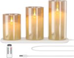 Rechargeable LED Candle Lights Glass Flameless Candles, Flameless Flickering Lights with Remote Control 2/4/6/8-hrs Timer Function, Flickering Candles Set of 3 x H4''/5''/6''' - Warm Yellow