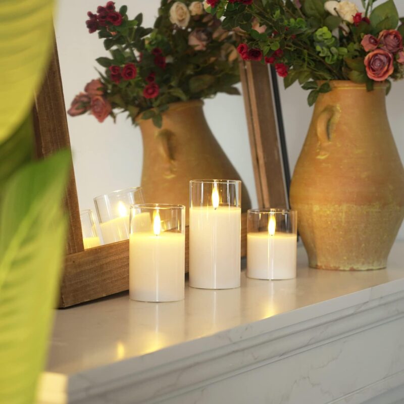 Clear Glass Flameless Candles, Pure White Wax Battery Operated Candles, LED Pillar Candles with Remote Control and Timers, D3 H4 5" 6", Set of 3