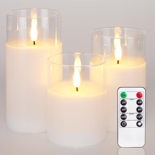 Clear Glass Flameless Candles, Pure White Wax Battery Operated Candles, LED Pillar Candles with Remote Control and Timers, D3 H4 5" 6", Set of 3