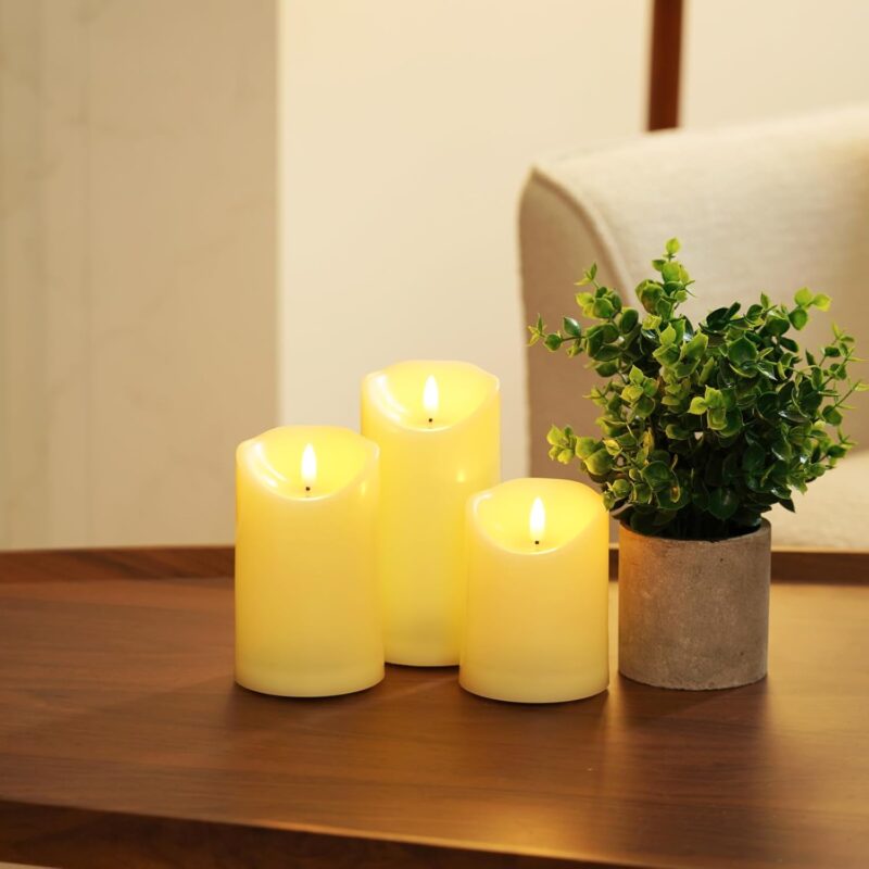 Flickering Flameless Candles, Battery Operated LED Candles, Electric Candles with Remote and Timers, Wax-Like Plastic, Ivory, 3 Pack, 3" x 4",5",6"