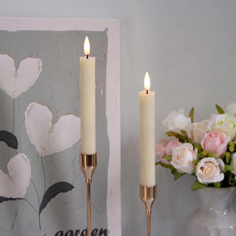 Flameless Flickering Taper Candles Two Remote, 7.5 Inch Ivory Battery Operated LED Window Candles Timer,Set of 6 Plastic 3D-Wick Dripping-Wax Effect Flameless Candlesticks(0.86”Dia,Warm Fire)