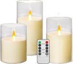 Flameless Candles, LED Candles with Remote Control and Timer, Indestructible 3D Wick Acrylic Battery-Powered Pillar Candles for Romantic Ambiance and Home Décor, Set of 3 (Ivory)
