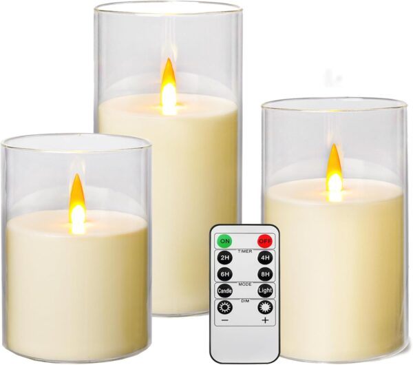 Flameless Candles, LED Candles with Remote Control and Timer, Indestructible 3D Wick Acrylic Battery-Powered Pillar Candles for Romantic Ambiance and Home Décor, Set of 3 (Ivory)