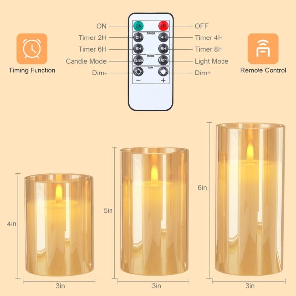 Rechargeable LED Candle Lights Glass Flameless Candles, Flameless Flickering Lights with Remote Control 2/4/6/8-hrs Timer Function, Flickering Candles Set of 3 x H4''/5''/6''' - Warm Yellow