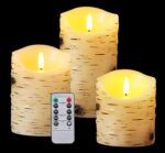 Flameless Candles LED Candles Birch Bark Set of 3 (D 3.25" x H 4" 5" 6") Ivory Real Wax Pillar Battery Operated Candles with LED Flame 10-Key Remote Control and Cycling 24 Hours Timer