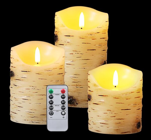 Flameless Candles LED Candles Birch Bark Set of 3 (D 3.25" x H 4" 5" 6") Ivory Real Wax Pillar Battery Operated Candles with LED Flame 10-Key Remote Control and Cycling 24 Hours Timer