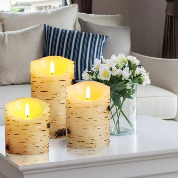 Flameless Candles LED Candles Birch Bark Set of 3 (D 3.25" x H 4" 5" 6") Ivory Real Wax Pillar Battery Operated Candles with LED Flame 10-Key Remote Control and Cycling 24 Hours Timer