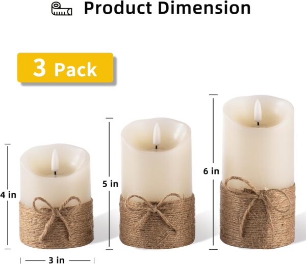 Battery Operated Pillar Real Wax Electric LED Candle Gift Set with Remote Control and Timer, 4" 5" 6" Pack of 3 (Ivory Wax with Hemp Rope)