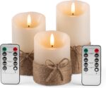 Battery Operated Pillar Real Wax Electric LED Candle Gift Set with Remote Control and Timer, 4" 5" 6" Pack of 3 (Ivory Wax with Hemp Rope)