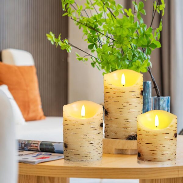 Flameless Candles LED Candles Birch Bark Set of 3 (D 3.25" x H 4" 5" 6") Ivory Real Wax Pillar Battery Operated Candles with LED Flame 10-Key Remote Control and Cycling 24 Hours Timer