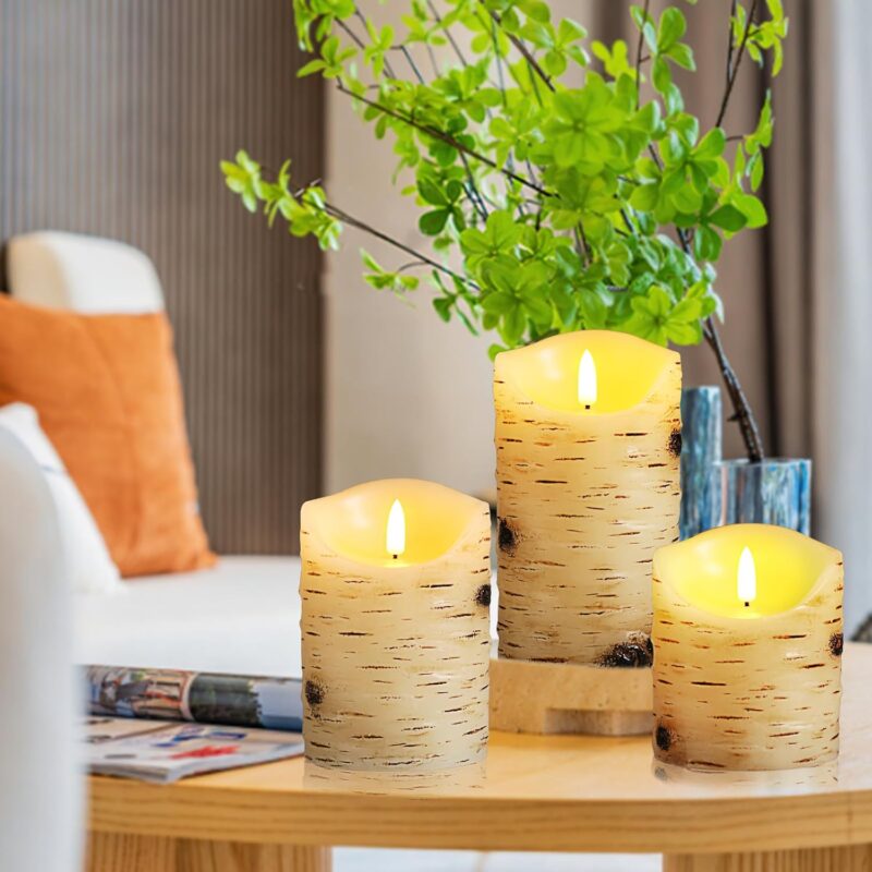 Flameless Candles LED Candles Birch Bark Set of 3 (D 3.25" x H 4" 5" 6") Ivory Real Wax Pillar Battery Operated Candles with LED Flame 10-Key Remote Control and Cycling 24 Hours Timer