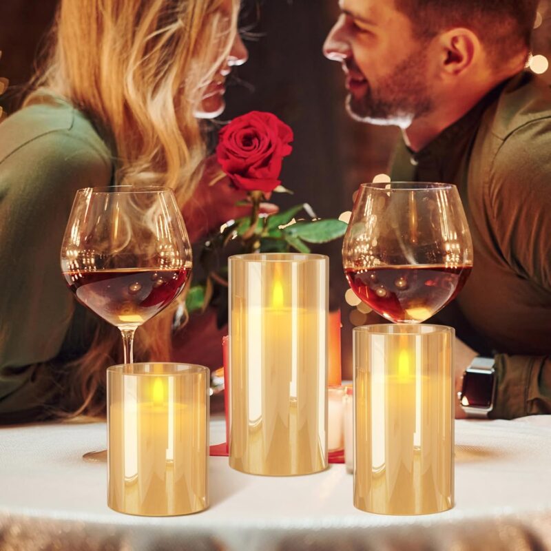 Rechargeable LED Candle Lights Glass Flameless Candles, Flameless Flickering Lights with Remote Control 2/4/6/8-hrs Timer Function, Flickering Candles Set of 3 x H4''/5''/6''' - Warm Yellow