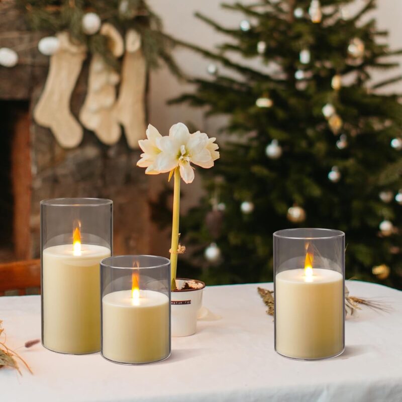 Flameless Candles, LED Candles with Remote Control and Timer, Indestructible 3D Wick Acrylic Battery-Powered Pillar Candles for Romantic Ambiance and Home Décor, Set of 3 (Ivory)