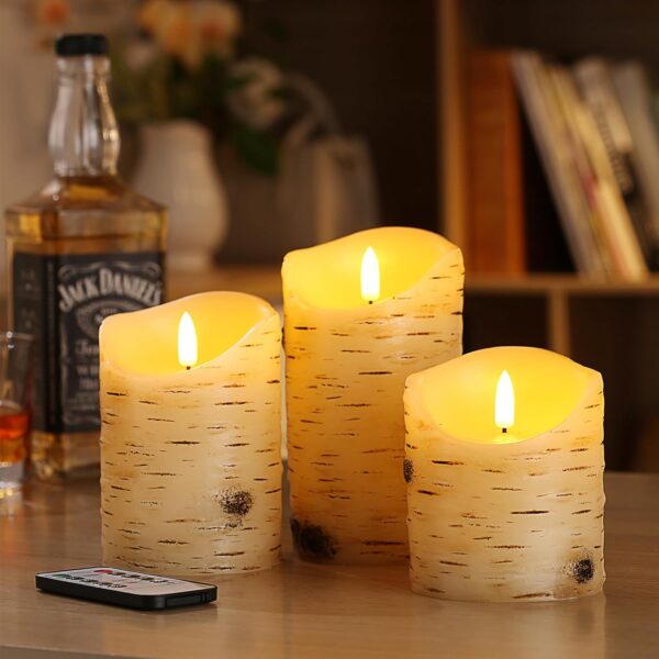 Flameless Candles LED Candles Birch Bark Set of 3 (D 3.25" x H 4" 5" 6") Ivory Real Wax Pillar Battery Operated Candles with LED Flame 10-Key Remote Control and Cycling 24 Hours Timer