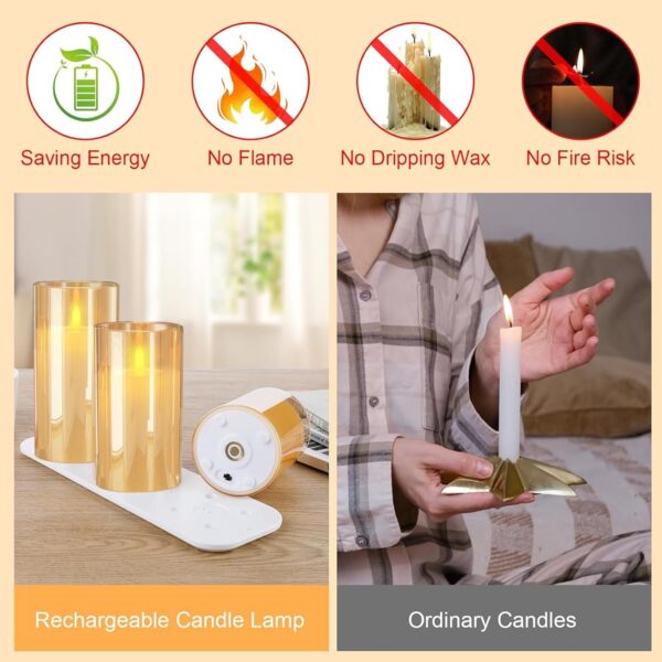 Rechargeable LED Candle Lights Glass Flameless Candles, Flameless Flickering Lights with Remote Control 2/4/6/8-hrs Timer Function, Flickering Candles Set of 3 x H4''/5''/6''' - Warm Yellow