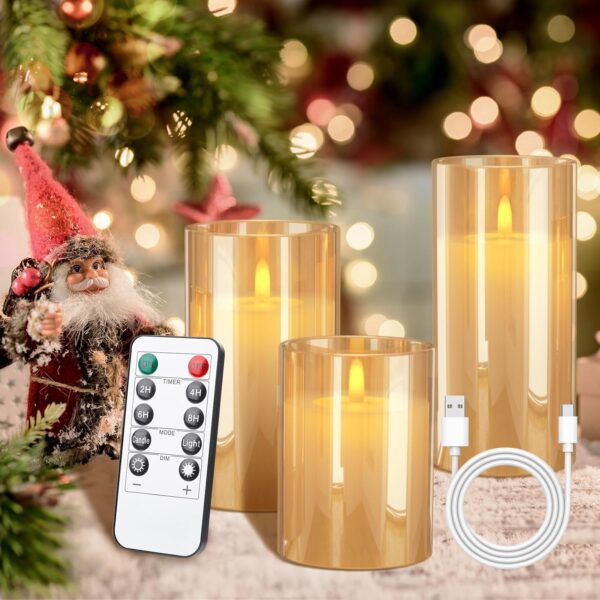 Rechargeable LED Candle Lights Glass Flameless Candles, Flameless Flickering Lights with Remote Control 2/4/6/8-hrs Timer Function, Flickering Candles Set of 3 x H4''/5''/6''' - Warm Yellow