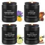 Scented Candles for Men, Scented Candles Set Soy Candles for Home Him,4 Pack Mens Candles Gifts for Men Scents of Leather/Oak/Lavender Wood/Smoke Vanilla