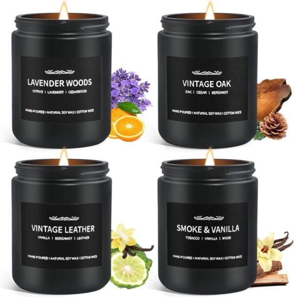 Scented Candles for Men, Scented Candles Set Soy Candles for Home Him,4 Pack Mens Candles Gifts for Men Scents of Leather/Oak/Lavender Wood/Smoke Vanilla