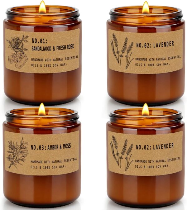 4 Pack 28 Oz Candles Gifts for Women, Large Soy Scented Candles, Lavender Fresh Rose Long Lasting Aromatherapy Amber Candle Set for Women Men Christmas Birthday Thanksgiving