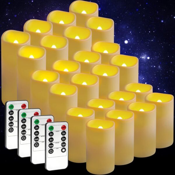 24 Pack Flameless Candles Battery Operated Waterproof Led Candles (D:2.2" X H:3" 4" 5") Candles with 4 Remotes Control for Wedding, Party, Birthday, Outdoor/Indoor Decoration