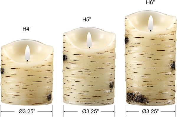 Flameless Candles LED Candles Birch Bark Set of 3 (D 3.25" x H 4" 5" 6") Ivory Real Wax Pillar Battery Operated Candles with LED Flame 10-Key Remote Control and Cycling 24 Hours Timer