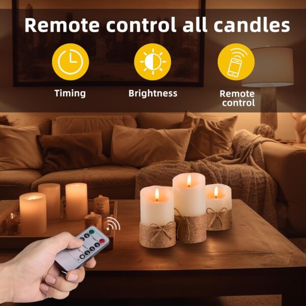 Battery Operated Pillar Real Wax Electric LED Candle Gift Set with Remote Control and Timer, 4" 5" 6" Pack of 3 (Ivory Wax with Hemp Rope)
