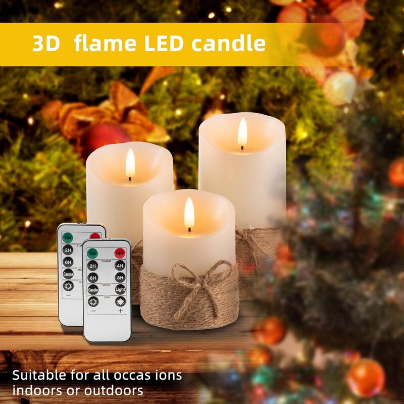 Battery Operated Pillar Real Wax Electric LED Candle Gift Set with Remote Control and Timer, 4" 5" 6" Pack of 3 (Ivory Wax with Hemp Rope)