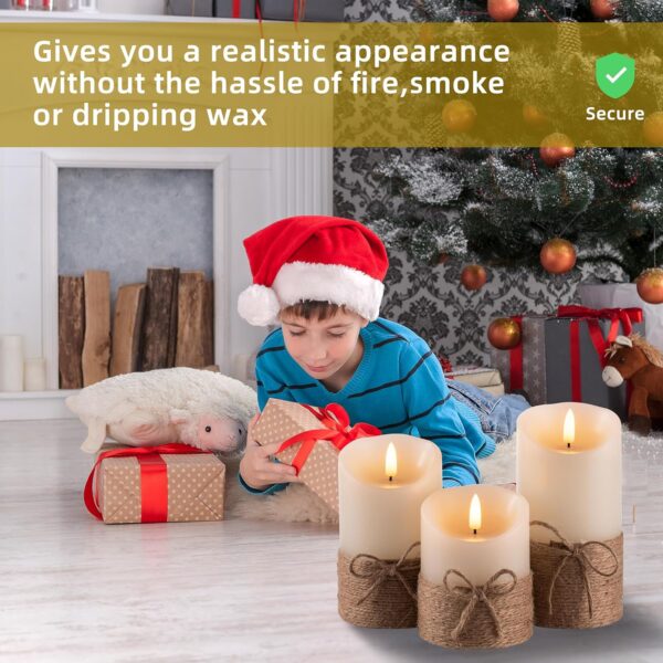 Battery Operated Pillar Real Wax Electric LED Candle Gift Set with Remote Control and Timer, 4" 5" 6" Pack of 3 (Ivory Wax with Hemp Rope)