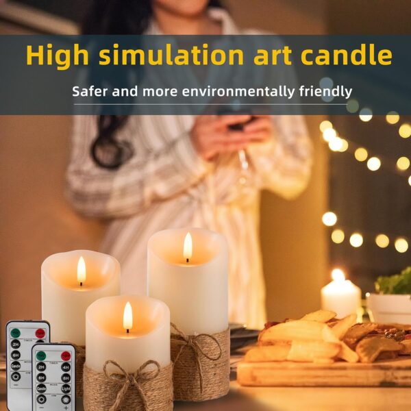 Battery Operated Pillar Real Wax Electric LED Candle Gift Set with Remote Control and Timer, 4" 5" 6" Pack of 3 (Ivory Wax with Hemp Rope)